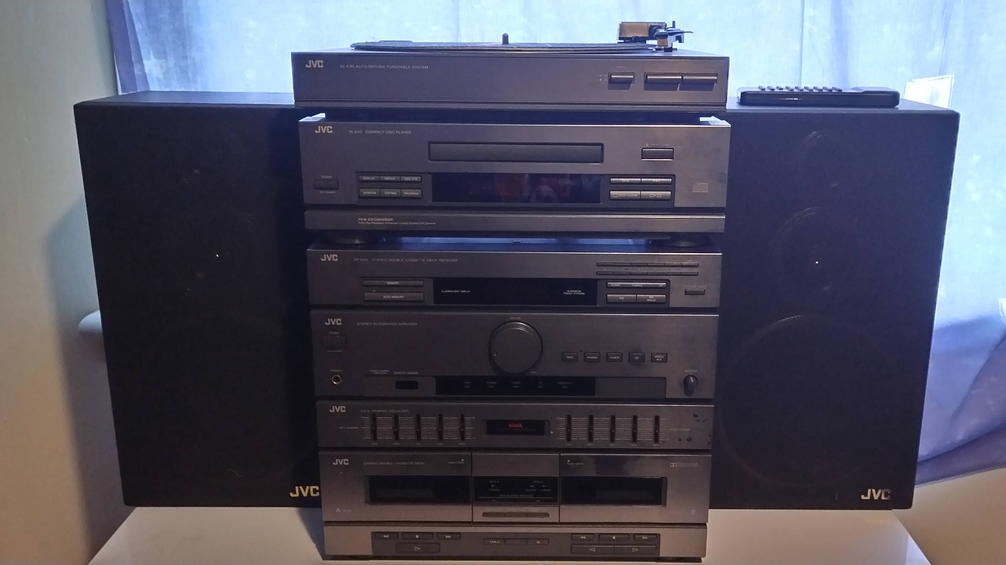 A Sound System Including Vinyl Deck, Radio, CD Player, Casette Player And Two Speakers