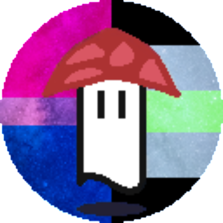 My Pfp, A Ghost With A Mushroom Hat In Front Of A Bisexual Flag and An Agender Flag